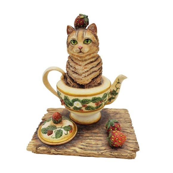 VTG Curious Cats Kitty‎ Figurine Strawberry Tea 1st Ed 2000 Lang & Wise Brownd - Picture 1 of 6